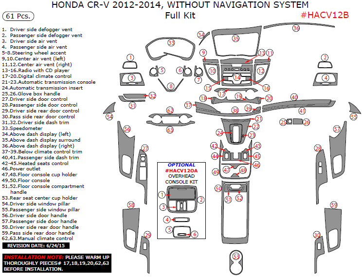 Honda CR-V 2012, 2013, 2014, Without Navigation System, Full Interior Kit, 61 Pcs. dash trim kits options