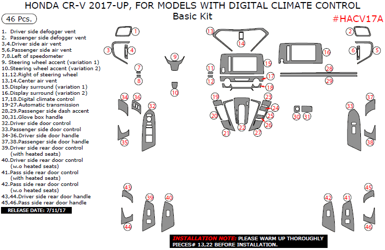 Honda CR-V 2017-2025, For Models With Digital Climate Control, Basic Interior Kit, 46 Pcs. dash trim kits options