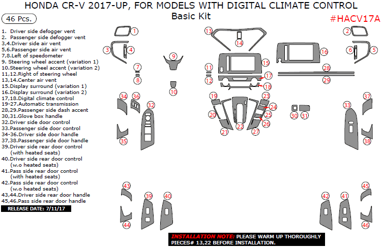 Honda CR-V 2017-2018, For Models With Digital Climate Control, Basic Interior Kit, 46 Pcs. dash trim kits options