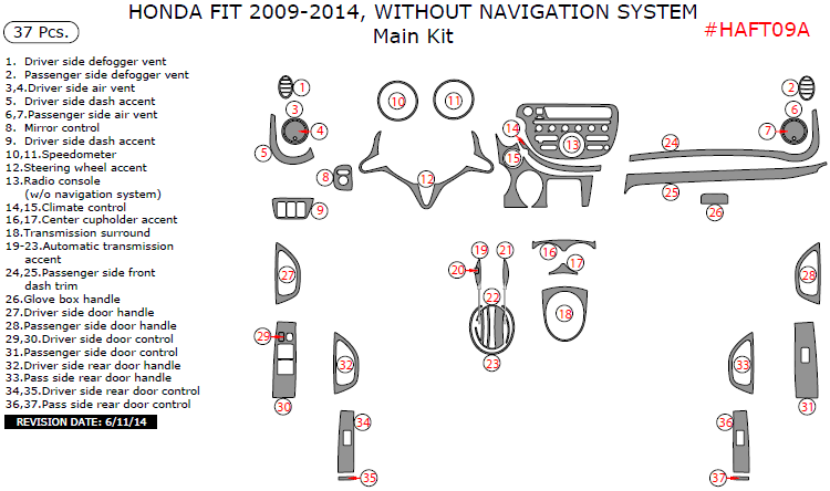 Honda Fit 2009, 2010, 2011, 2012, 2013, 2014, Without Navigation System, Main Interior Kit, 37 Pcs. dash trim kits options