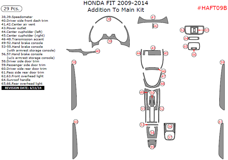 Honda Fit 2009, 2010, 2011, 2012, 2013, 2014, Addition To Main Interior Kit, 29 Pcs. dash trim kits options