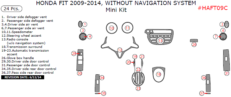 Honda Fit 2009, 2010, 2011, 2012, 2013, 2014, Without Navigation System, Mini Interior Kit, 24 Pcs. dash trim kits options