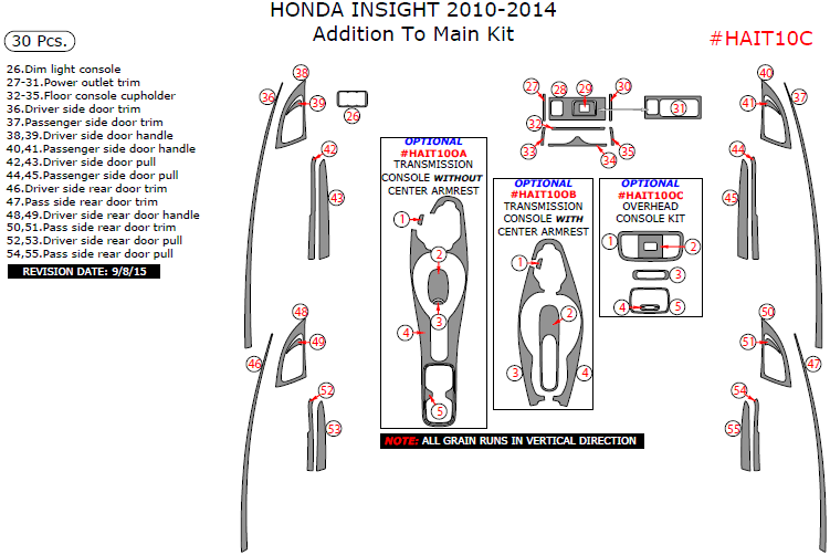 Honda Insight 2010, 2011, 2012, 2013, 2014, Addition To Main Interior Kit, 30 Pcs. dash trim kits options
