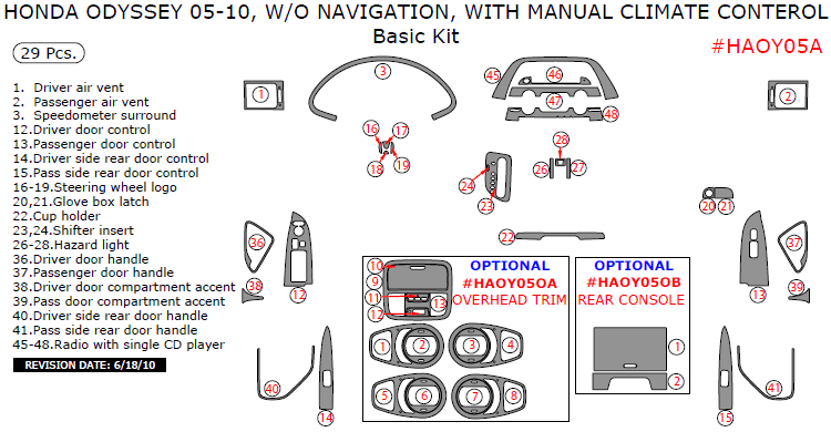 Honda Odyssey 2005, 2006, 2007, 2008, 2009, 2010, W/o Navigation, With Manual Climate Control, Basic Interior Kit, 29 Pcs. dash trim kits options