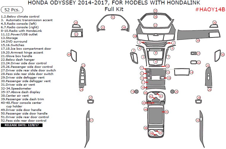 Honda Odyssey 2014-2017, For Models With HondaLink, Full Kit, 52 Pcs. dash trim kits options