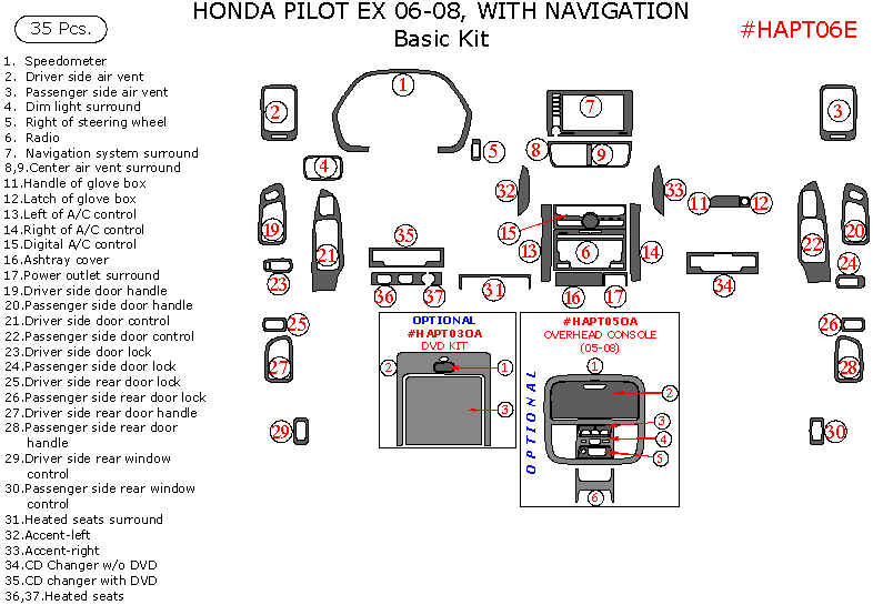 Honda Pilot 2006, 2007, 2008, EX, Basic Interior Kit, With Navigation System, 35 Pcs. dash trim kits options