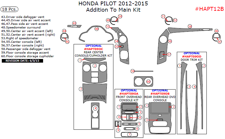 Honda Pilot 2012, 2013, 2014, 2015, Addition To Main Interior Kit, 18 Pcs. dash trim kits options