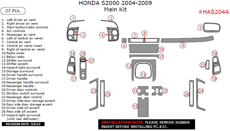 Honda S2000 2004, 2005, 2006, 2007, 2008, 2009, Main Interior Kit, 27 Pcs. dash trim kits options