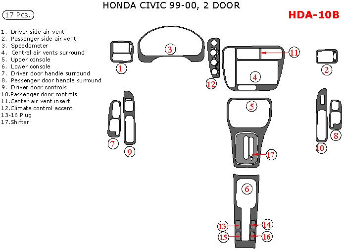 Honda Civic 1999-2000, Interior Kit, 2 Door, 17 Pcs. dash trim kits options