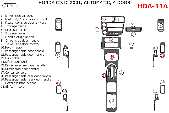 Honda Civic 2001, Interior Dash Kit, Automatic, 4 Door, 21 Pcs. dash trim kits options