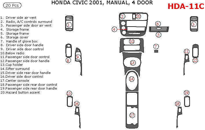 Honda Civic 2001, Interior Dash Kit, Manual, 4 Door, 20 Pcs. dash trim kits options
