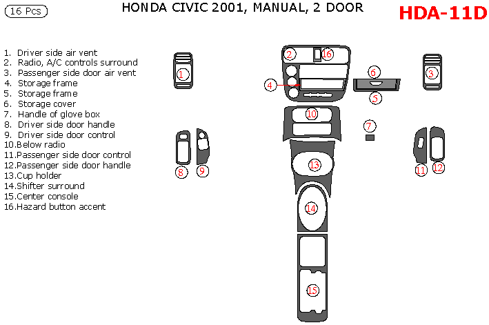 Honda Civic 2001, Interior Dash Kit, Manual, 2 Door, , 16 Pcs. dash trim kits options