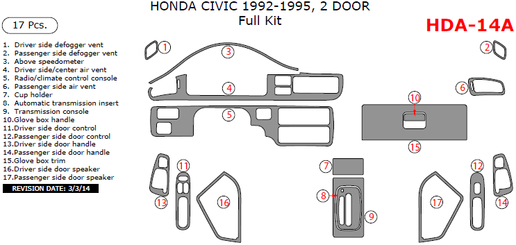 Honda Civic 1992, 1993, 1994, 1995, Full Interior Kit, 2 Door, 17 Pcs. dash trim kits options