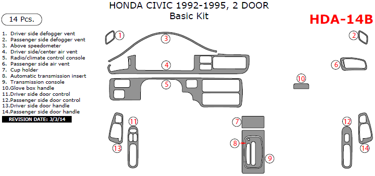 Honda Civic 1992, 1993, 1994, 1995, Basic Interior Kit, 2 Door, 14 Pcs. dash trim kits options