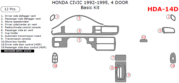 Honda Civic 1992, 1993, 1994, 1995, Basic Interior Kit, 4 Door, 12 Pcs. dash trim kits options
