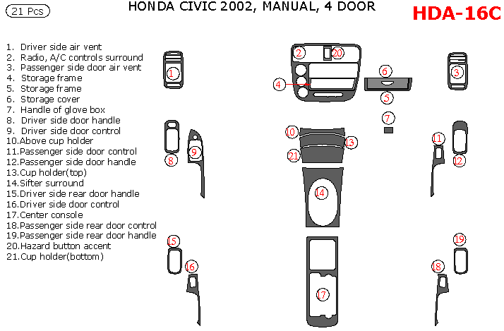 Honda Civic 2002, Interior Dash Kit, Manual, 4 Door, 21 Pcs. dash trim kits options