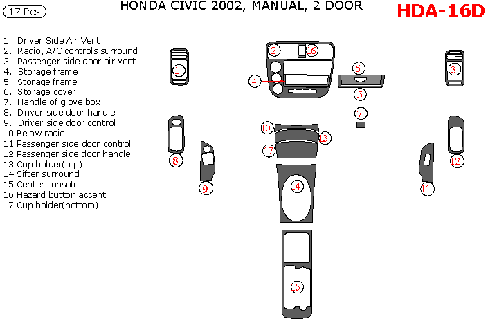 Honda Civic 2002, Interior Dash Kit, Manual, 2 Door, 17 Pcs. dash trim kits options