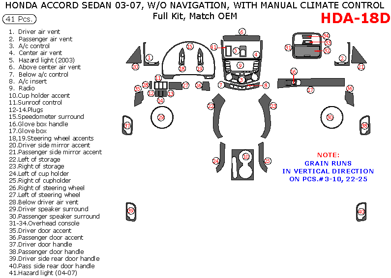 Honda Accord 2003, 2004, 2005, 2006, 2007, Coupe, Full Interior Kit, Without Navigation, With Manual Climate Control, 41 Pcs., Match OEM dash trim kits options