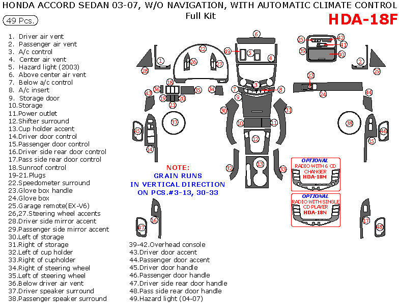 Honda Accord 2003, 2004, 2005, 2006, 2007, Coupe, Full Interior Kit, Without Navigation, With Automatic Climate Control, 49 Pcs. dash trim kits options