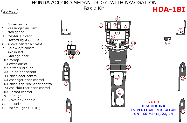 Honda Accord 2003, 2004, 2005, 2006, 2007, Basic Interior Kit, With Navigation, 25 Pcs. dash trim kits options