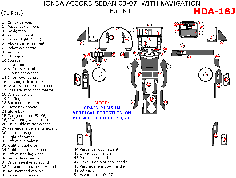 Honda Accord 2003, 2004, 2005, 2006, 2007, Full Interior Kit, With Navigation, 51 Pcs. dash trim kits options
