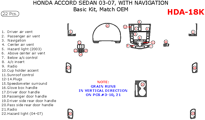 Honda Accord 2003, 2004, 2005, 2006, 2007, Basic Interior Kit, With Navigation, 22 Pcs., Match OEM dash trim kits options