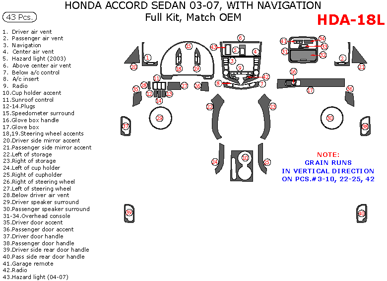 Honda Accord 2003, 2004, 2005, 2006, 2007, Full Interior Kit, With Navigation, 43 Pcs., Match OEM dash trim kits options