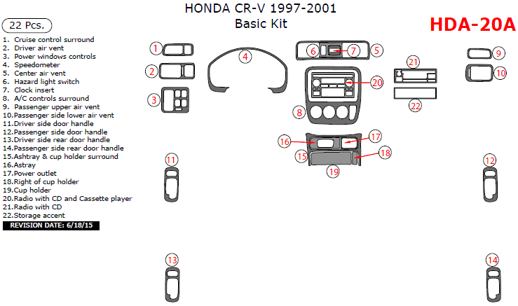 Honda CR-V 1997, 1998, 1999, 2000, 2001, Basic Interior Kit, 22 Pcs. dash trim kits options