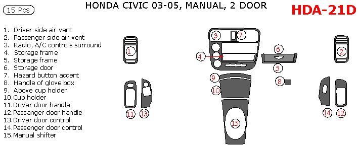 Honda Civic 2003, 2004, 2005, Interior Dash Kit, 2 Door, Manual, 15 Pcs. dash trim kits options