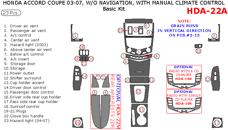 Honda Accord 2003, 2004, 2005, 2006, 2007, Coupe, Basic Interior Kit, Without Navigation, With Manual Climate Control, 23 Pcs. dash trim kits options