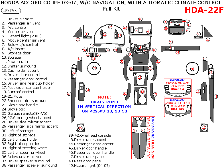 Honda Accord 2003, 2004, 2005, 2006, 2007, Coupe, Full Interior Kit, Without Navigation, With Automatic Climate Control 49 Pcs. dash trim kits options