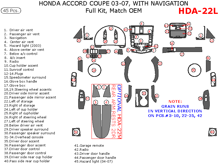 Honda Accord 2003, 2004, 2005, 2006, 2007, Coupe, Full Interior Kit, With Navigation, 45 Pcs., Match OEM dash trim kits options
