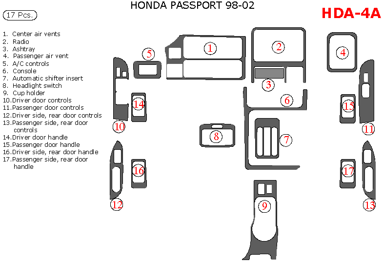 Honda Passport 1998, 1999, 2000, 2001, 2002, Full Interior Kit, 17 Pcs. dash trim kits options