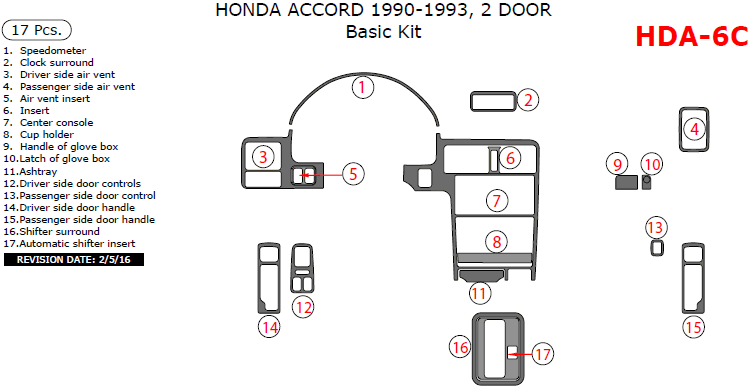 Honda Accord 1990, 1991, 1992, 1993, 2 Door, Basic Interior Kit, 17 Pcs. dash trim kits options