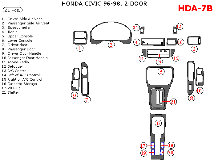 Honda Civic 1996, 1997, 1998, Interior Kit, 2 Door, 21 Pcs. dash trim kits options