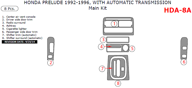 Honda Prelude 1992, 1993, 1994, 1995, 1996, With Automatic Transmission, Main Interior Kit, 8 Pcs. dash trim kits options