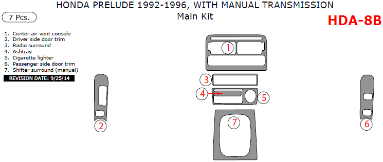 Honda Prelude 1992, 1993, 1994, 1995, 1996, With Manual Transmission, Main Interior Kit, 7 Pcs. dash trim kits options