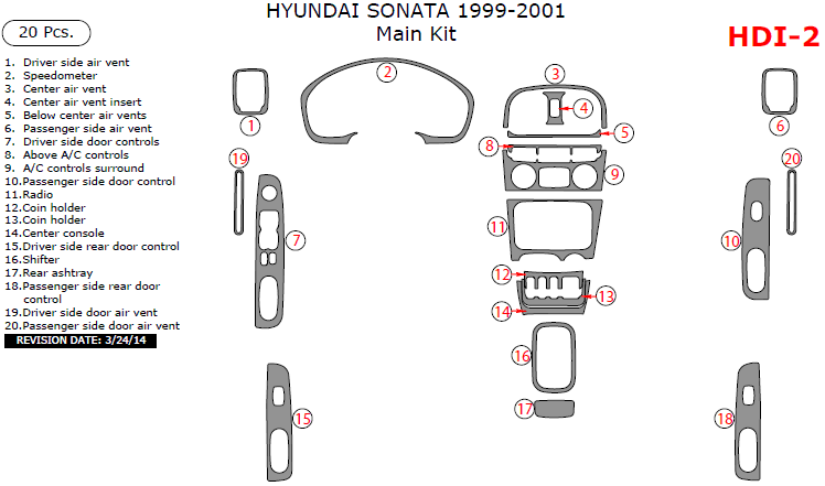 Hyundai Sonata 1999, 2000, 2001, Main Interior Kit, 20 Pcs. dash trim kits options