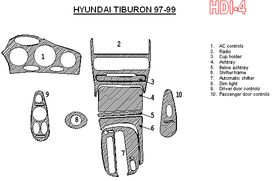 Hyundai Tiburon 1997, 1998, 1999, Full Interior Kit, 10 Pcs. dash trim kits options