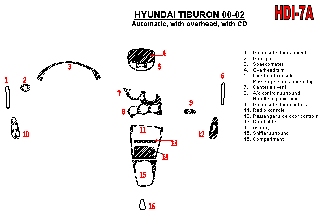 Hyundai Tiburon 2000, 2001, 2002, Interior Dash Kit, Automatic, With CD, 16 Pcs. dash trim kits options
