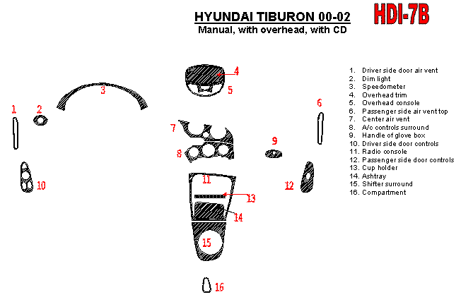 Hyundai Tiburon 2000, 2001, 2002, Interior Dash Kit, Manual, With CD, 6 Pcs. dash trim kits options