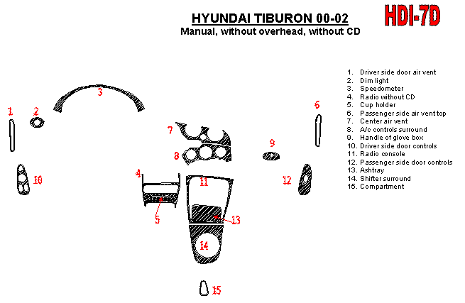 Hyundai Tiburon 2000, 2001, 2002, Interior Dash Kit, Manual, Without CD, 15 Pcs. dash trim kits options