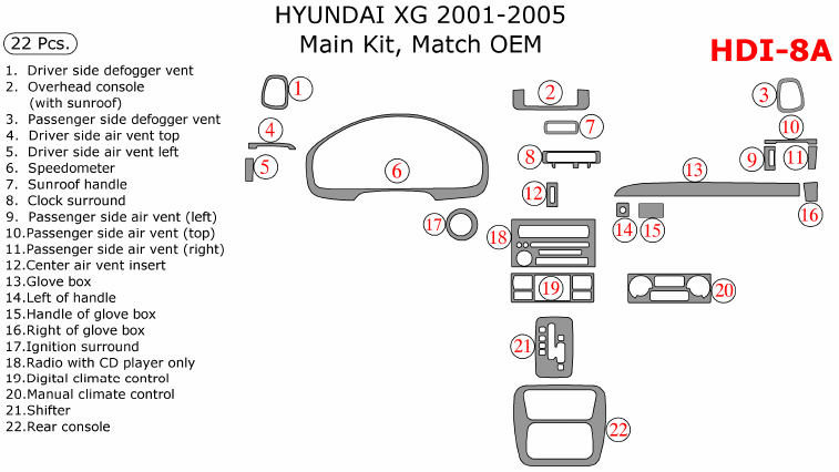 Hyundai XG 2001, 2002, 2003, 2004, 2005, Main Interior Kit, 22 Pcs., Match OEM dash trim kits options