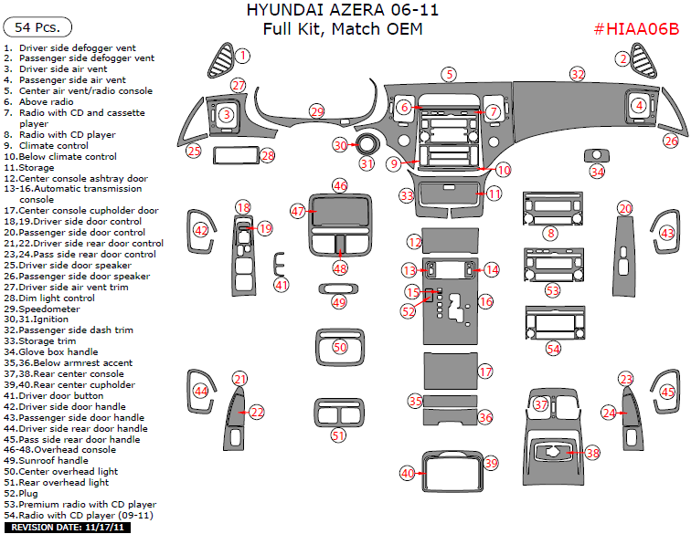 Hyundai Azera 2006, 2007, 2008, 2009, 2010, 2011, Full Interior Kit, 54 Pcs., Match OEM dash trim kits options