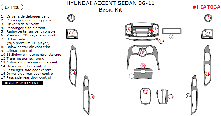 Hyundai Accent 2006, 2007, 2008, 2009, 2010, 2011, Basic Interior Kit (Sedan Only), 17 Pcs. dash trim kits options