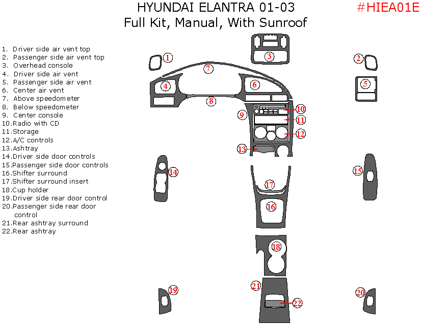 Hyundai Elantra 2001, 2002, 2003, Sedan, Full Interior Kit, Manual, With sunroof, 22 Pcs dash trim kits options