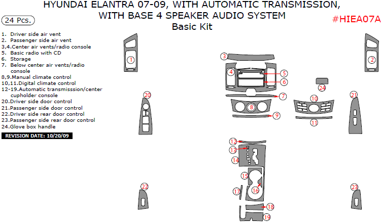 Hyundai Elantra 2007, 2008, 2009, Sedan, With Automatic Transmission, With Base 4 Speaker Audio System, Basic Interior Kit, 24 Pcs. dash trim kits options