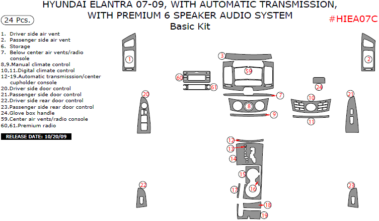 Hyundai Elantra 2007, 2008, 2009, Sedan, With Automatic Transmission, With Premium 6 Speaker Audio System, Basic Interior Kit, 24 Pcs. dash trim kits options