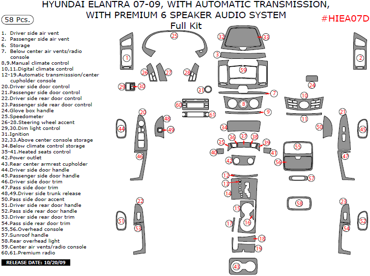 Hyundai Elantra 2007, 2008, 2009, Sedan, With Automatic Transmission, With Premium 6 Speaker Audio System, Full Interior Kit, 58 Pcs. dash trim kits options