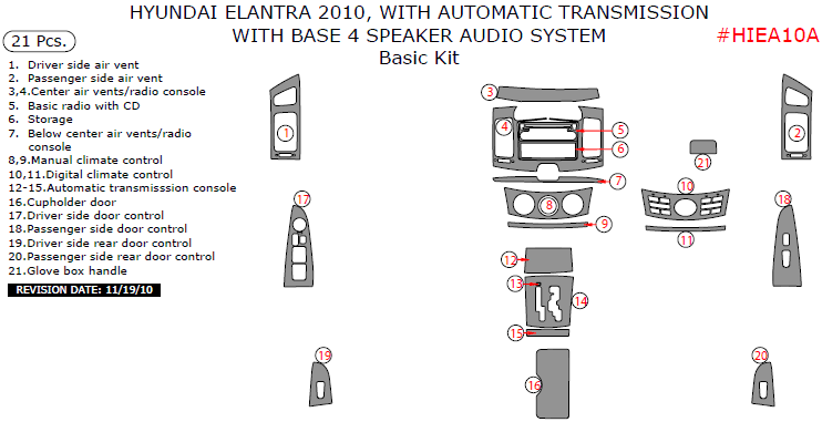 Hyundai Elantra 2010, Sedan, With Automatic Transmission, With Base 4 Speaker Audio System, Basic Interior Kit, 21 Pcs. dash trim kits options
